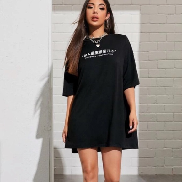 Dresses & Skirts - Drop Shoulder Slogan Graphic Tee Dress